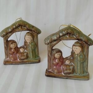 Vintage Ceramic Nativity Scene Christmas Tree  Ornaments Set of 2